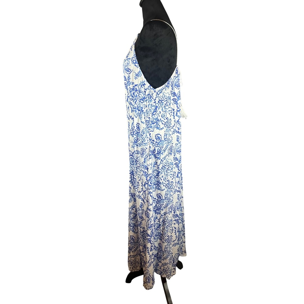 Caroline Constas Long Sun Dress Sz M Blue White Floral Halter Pockets Coastal - Picture 10 of 12